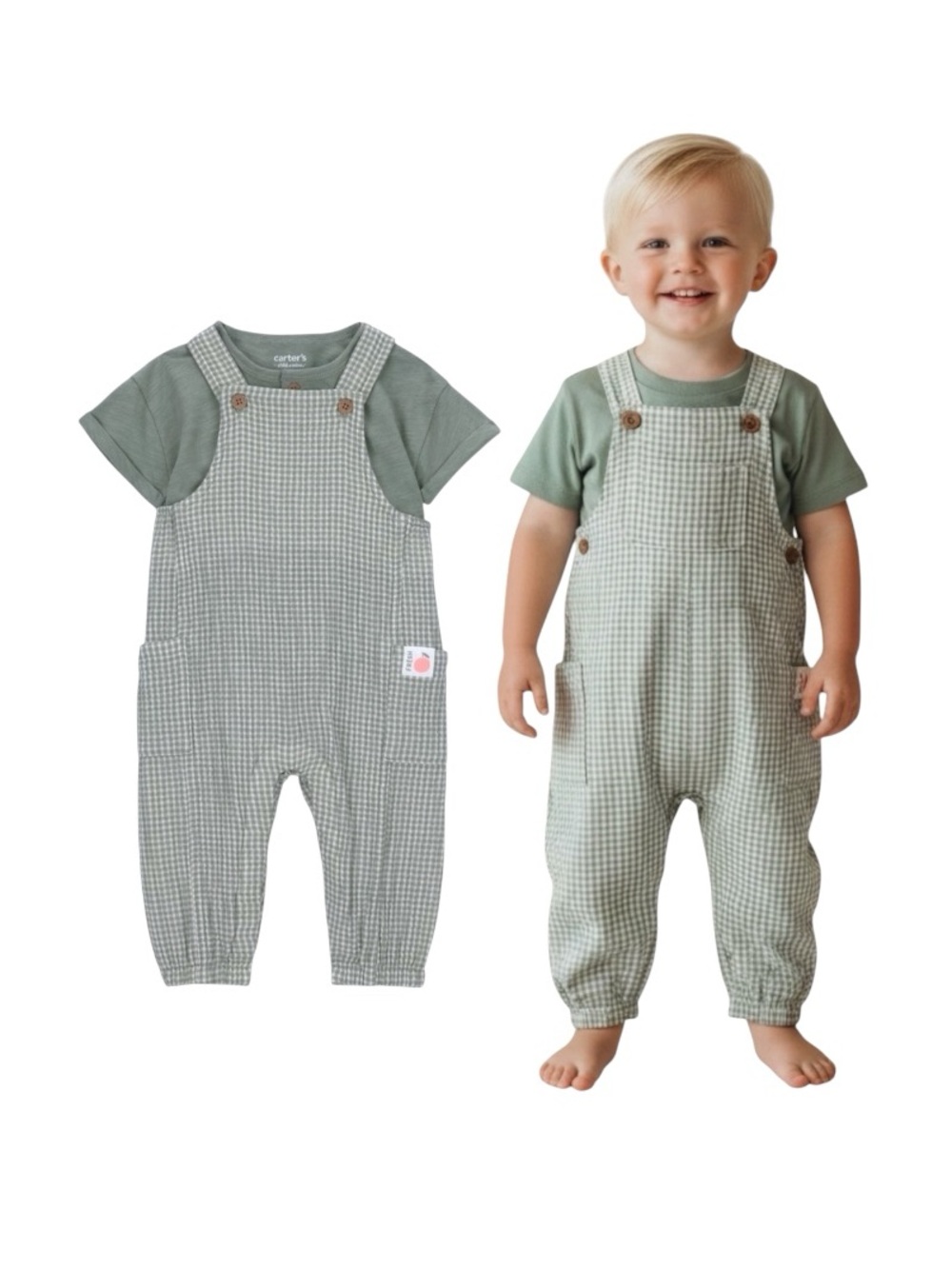 Carter's Light Sage Gingham Overalls Set